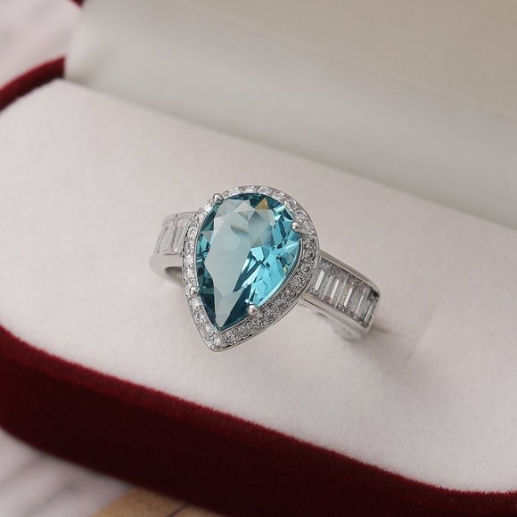 🔥Dainty Sea Blue Water Drop Crystal Pure CZ Silver Pear Ring for Women, K916 main image 0